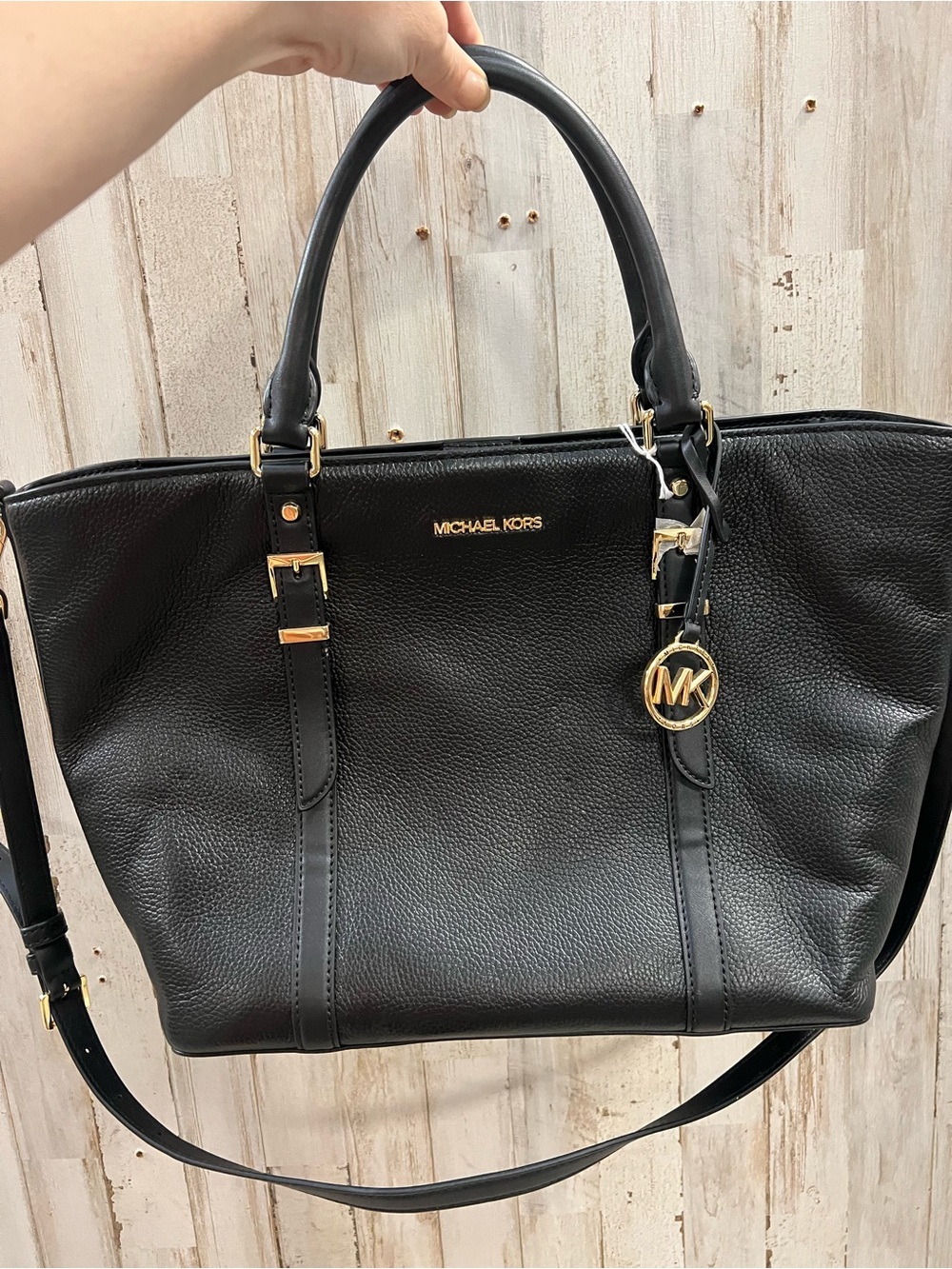 Michael Kors Black Leather Shoulder Bag with Gold Hardware